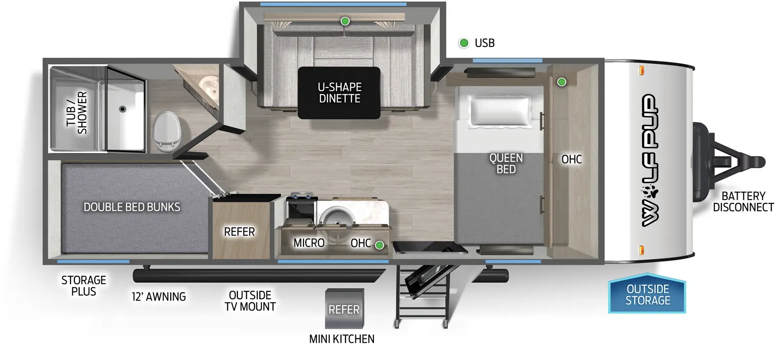 The Cherokee Black Label 17JWBL floorplan has one entry and one slide out. Exterior features include: fiberglass exterior, 12' awning and outside kitchen. Interiors features include: bunk beds, u-dinette and front bedroom.